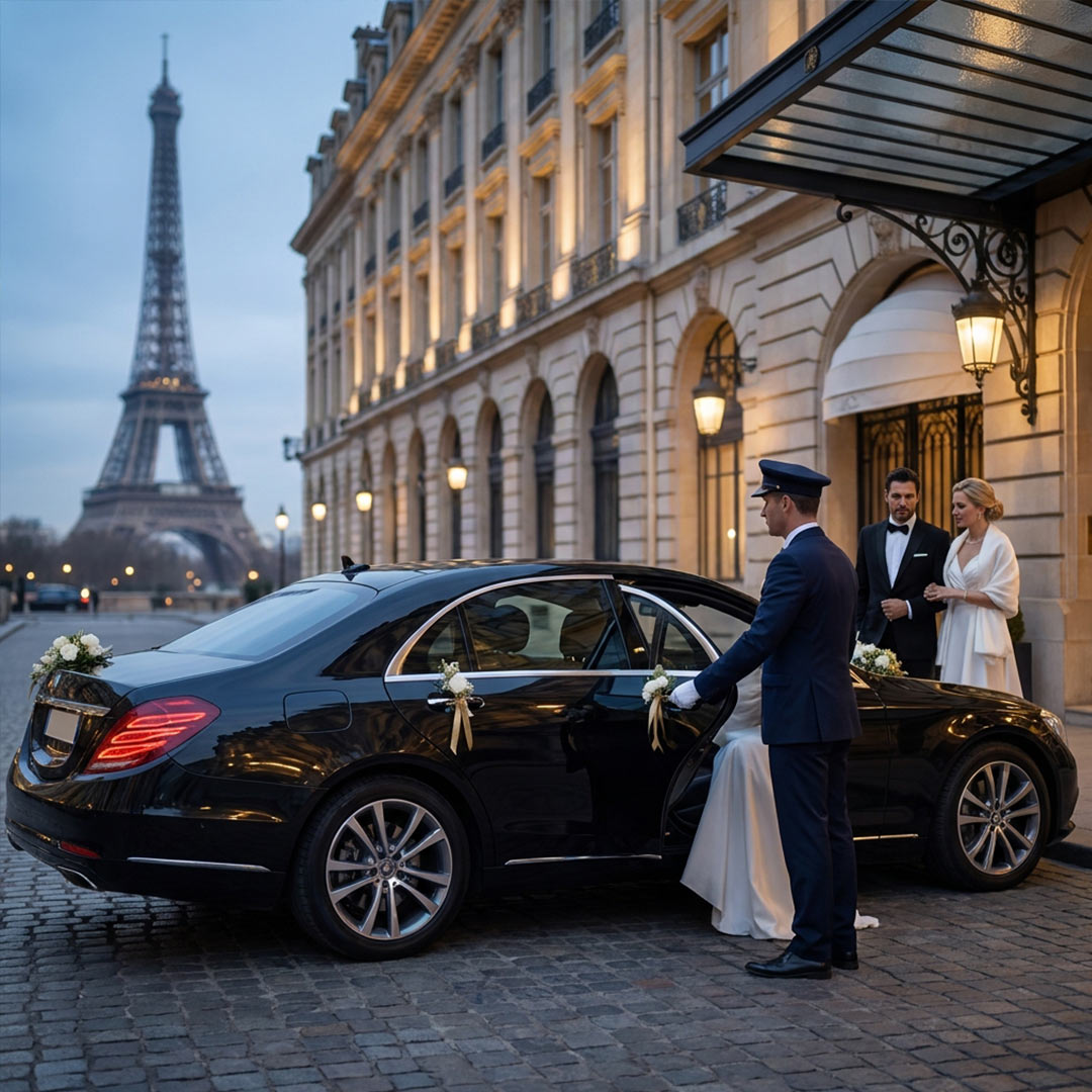 Luxury Mercedes chauffeur transfer for a wedding or private event in Paris