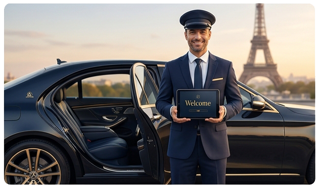 Professional chauffeur meeting passengers at a Paris airport