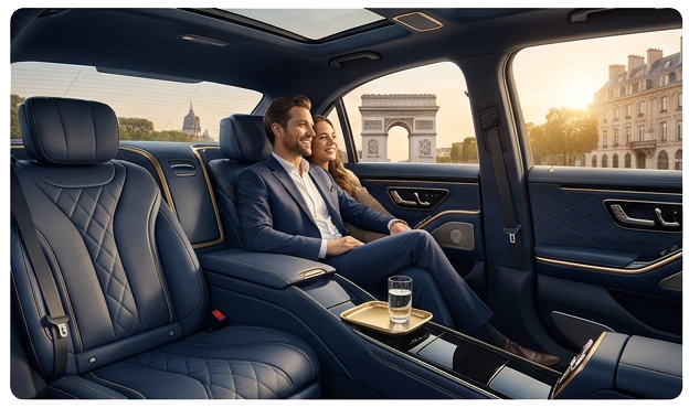 Passengers travelling in a Mercedes vehicle during a Paris private transfer