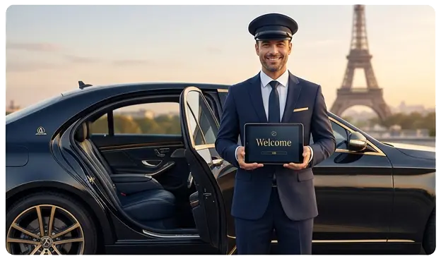 Professional chauffeur meeting passengers at a Paris airport