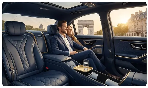 Passengers travelling in a Mercedes vehicle during a Paris private transfer
