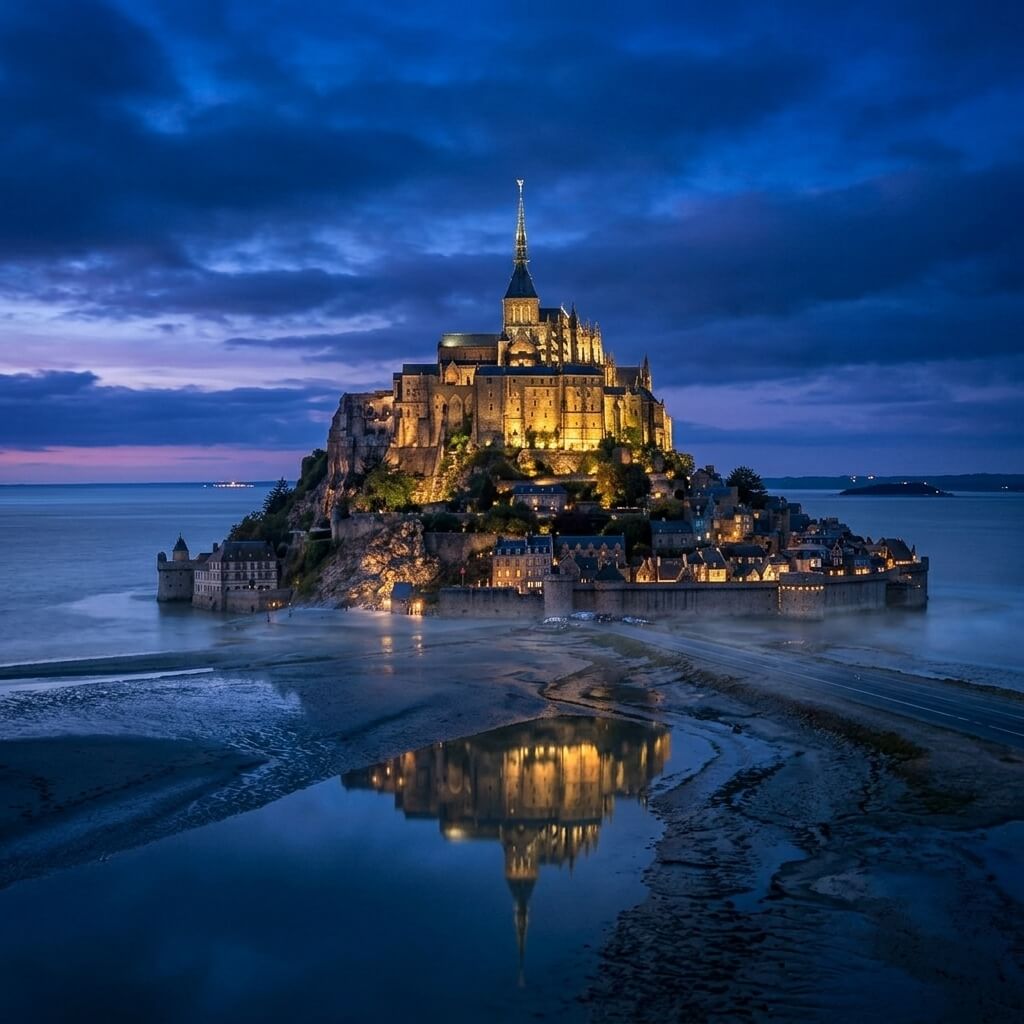 Illuminated Mont Saint-Michel abbey glowing with golden lights in Normandy France during blue hour twilight